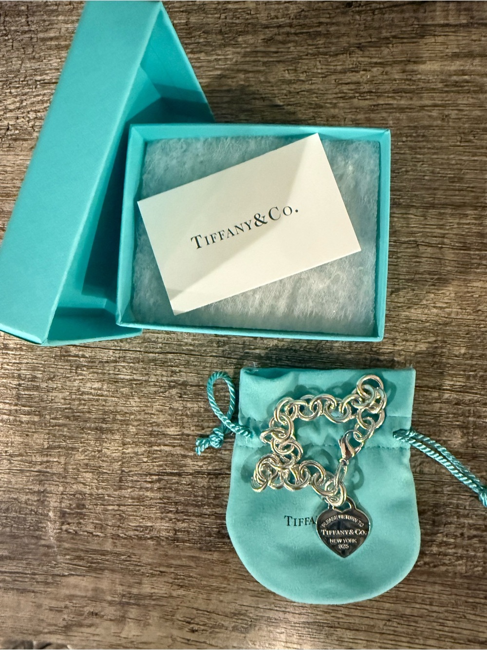 Tiffany & Co. Sterling Silver Heart Tag Bracelet with Signature Blue Pouch